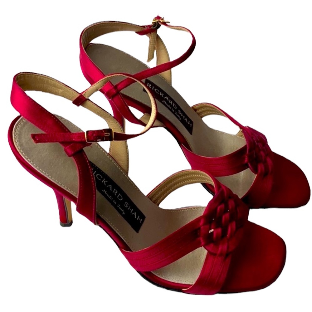 Rickard Shaw Red Satin Heel Sandals Ankle Strap